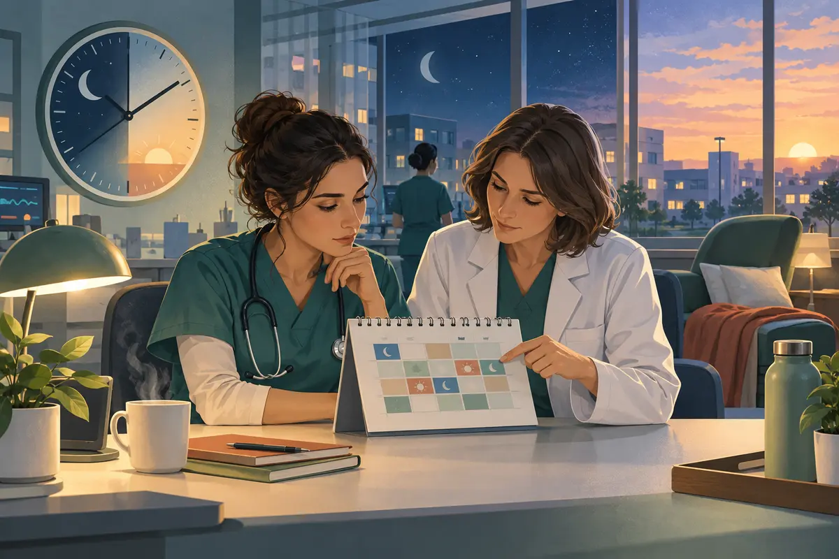 Una lavoratrice notturna e una professionista sanitaria esaminano un calendario dei turni mentre fuori sorge il sole