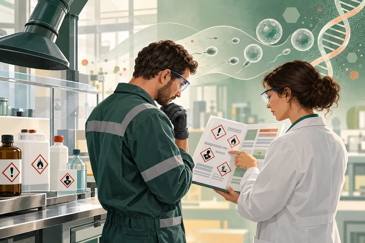 Un lavoratore e una professionista della prevenzione esaminano una scheda di sicurezza in un laboratorio con aspirazione localizzata