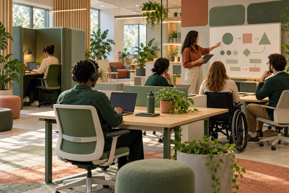 Ambiente di lavoro inclusivo con area silenziosa, postazioni flessibili e persone che collaborano secondo modalità diverse