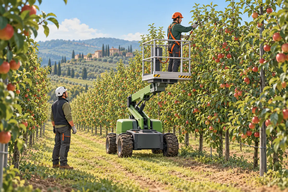 Due lavoratori controllano una piattaforma mobile elevabile impiegata per potare alberi da frutto