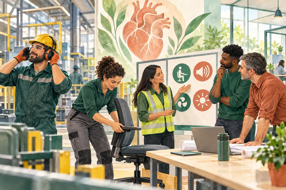 Lavoratori e responsabile della sicurezza migliorano insieme rumore, ergonomia e organizzazione in un ambiente produttivo