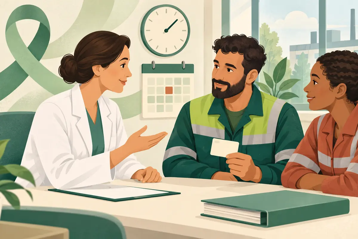 Medico del lavoro e due lavoratori discutono la programmazione della sorveglianza sanitaria durante l’orario di lavoro
