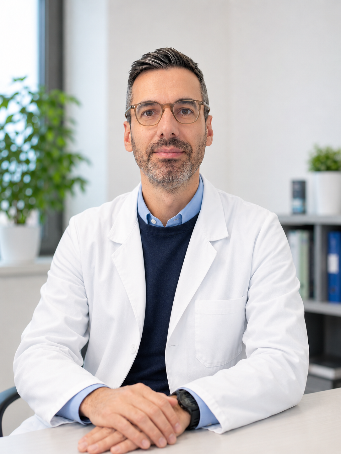 Dr. Stefano Salvati in camice bianco nel suo studio.